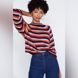 Ragstock Multi Stripe Crochet Knit Cropped Pullover Mock Neck Sweater Size Small